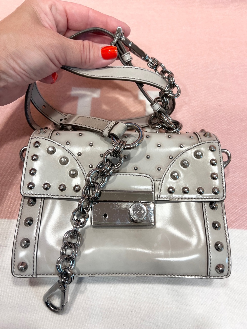 Prada⭐️Patent Leather small Studded Crossbody/Shoulder Bag in Silver/Gray